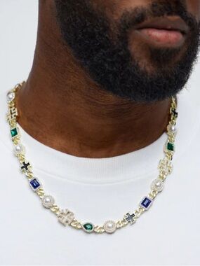 Gold-Tone Chain Necklace with Green & Blue Accents